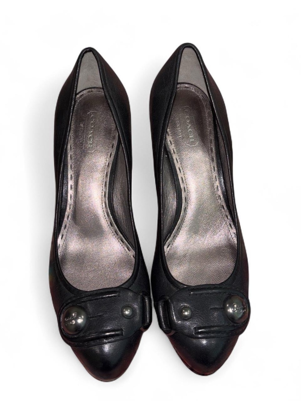Coach Black Leather Pointed Toe Pumps with Stud Accent